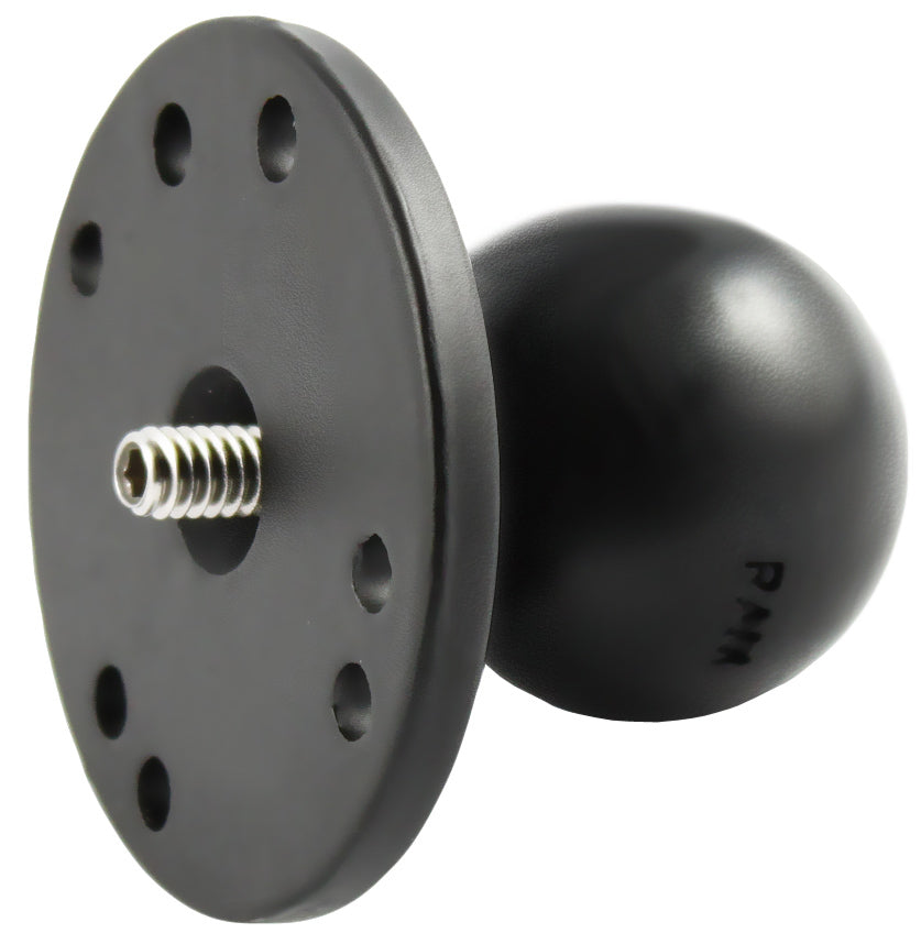 RAM-202AU - RAM 2.5  Round Base (AMPs Hole Pattern), 1.5  Ball  1/4-20 Threaded Male Post for Cameras