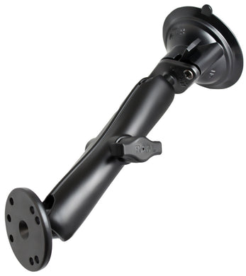 RAM-B-166-C-202U - RAM Twist Lock Suction Cup Mount with Long Double Socket Arm and 2.5  Round Base that contain the AMPs hole pattern